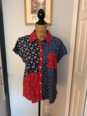Style & Co. Patchwork Floral Button-Down Top in Red & Navy